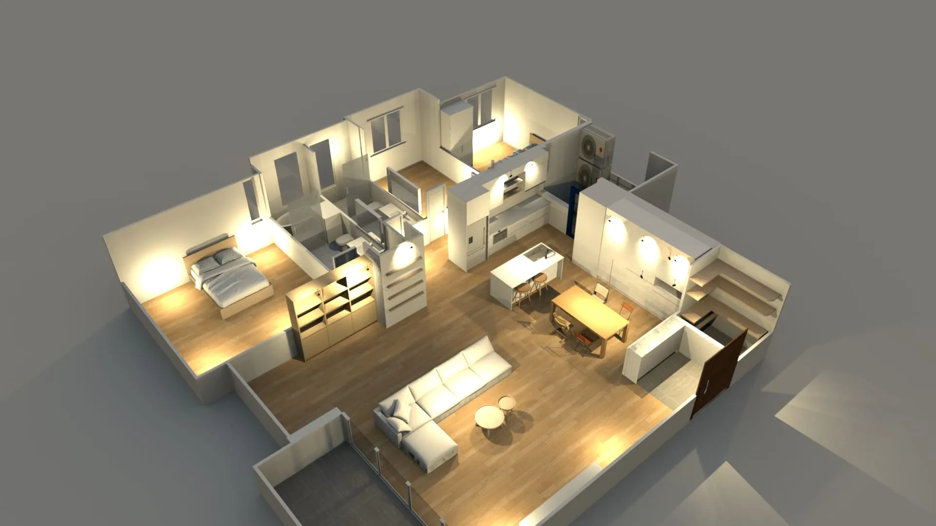 50 坪住宅的 3D 光照模擬：傍晚時分，暖色間接照明點亮客餐廳與臥室