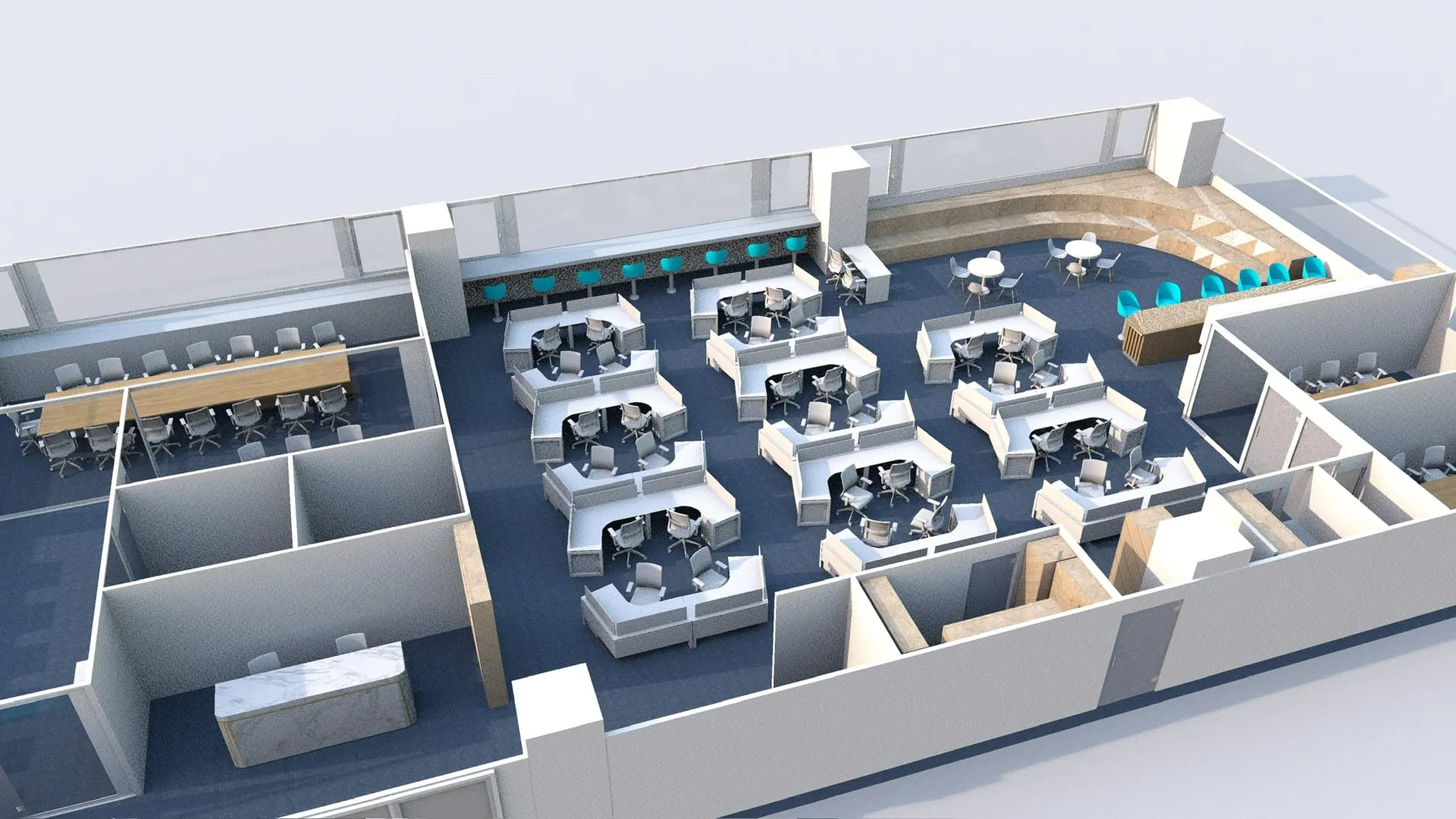 200 坪辦公室的 3D 空間模型：開放工作區、會議室、電話亭與吧台休息區