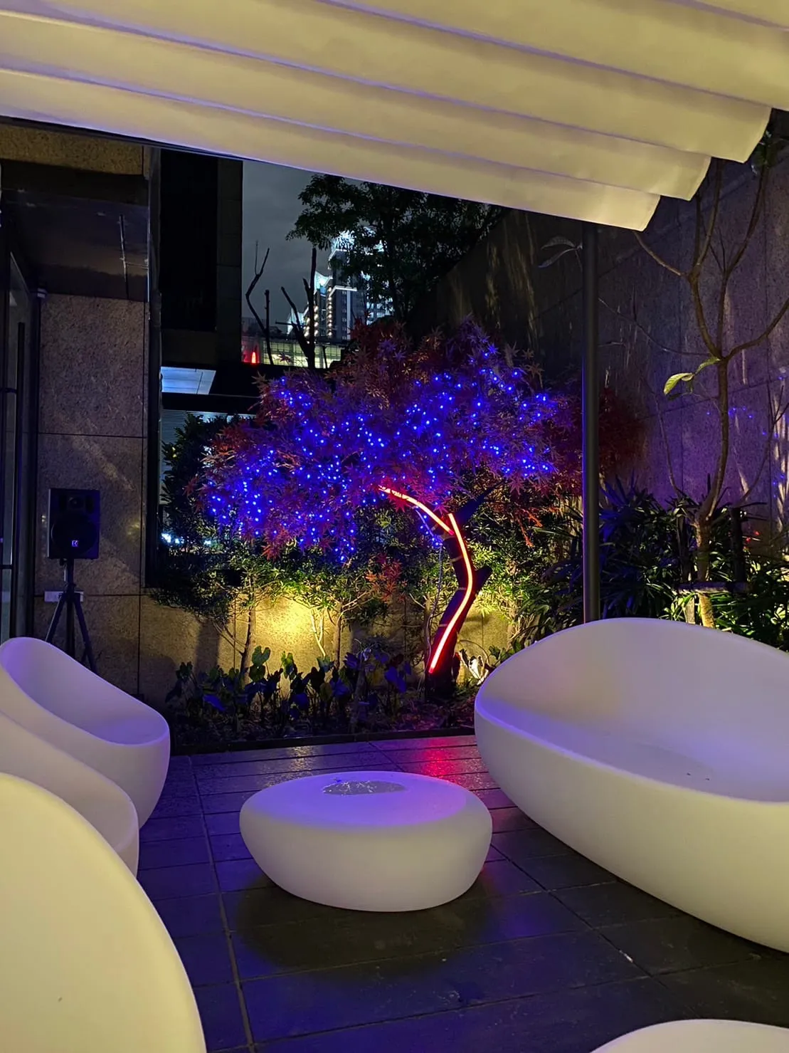 戶外庭園的夜間情境：發光家具與樹上的藍色燈串