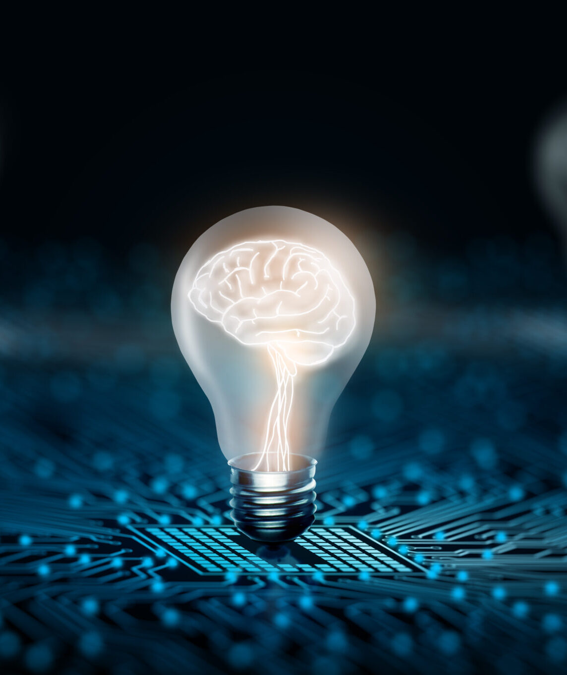 Light bulb with human brain inside glowing on the converging point of circuit. Creative and innovation inspiration. Business and Technology idea concept. 3D Rendering and Copy space.